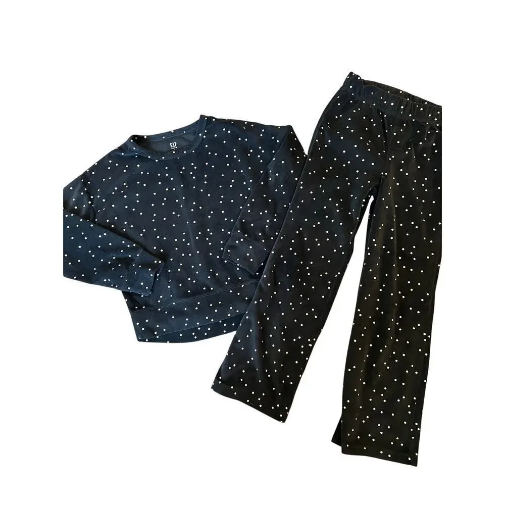 Girls Gap Velour Loungwear, Small, Black Polka Dot, Pajamas, Soft, 2 Piece